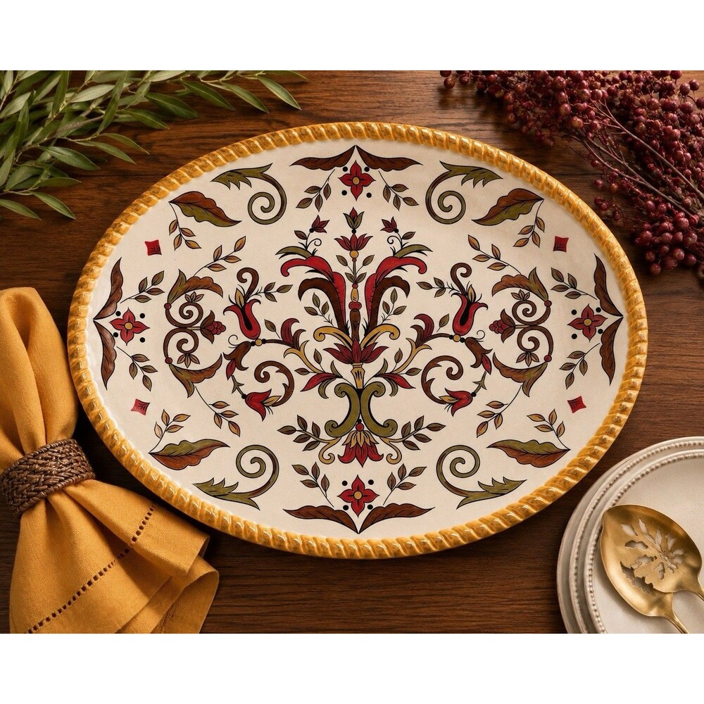 Pier 1 Oralia 15" Oval Serving Platter Floral Scroll Rope Rim Discontinued